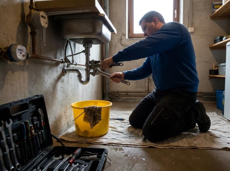Sanitärinstallateur von Feldner Klempner arbeitet an einer Heizungsleitung