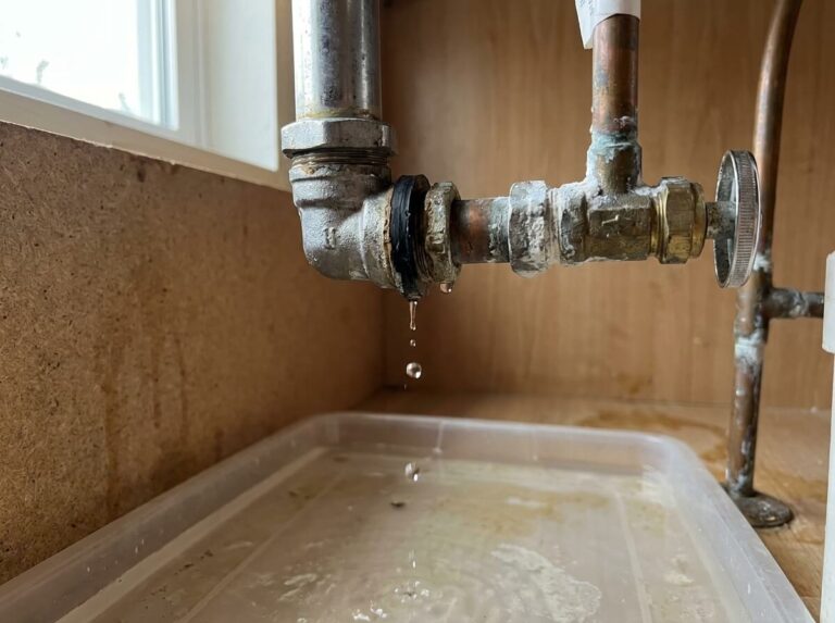 Tropfende und korrodierte Rohrverbindung unter einem Waschbecken