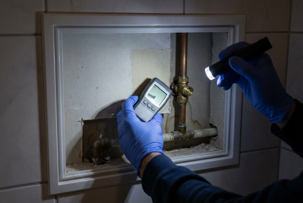Sanitärinstallateur misst Feuchtigkeit und prüft eine Wasserleitung