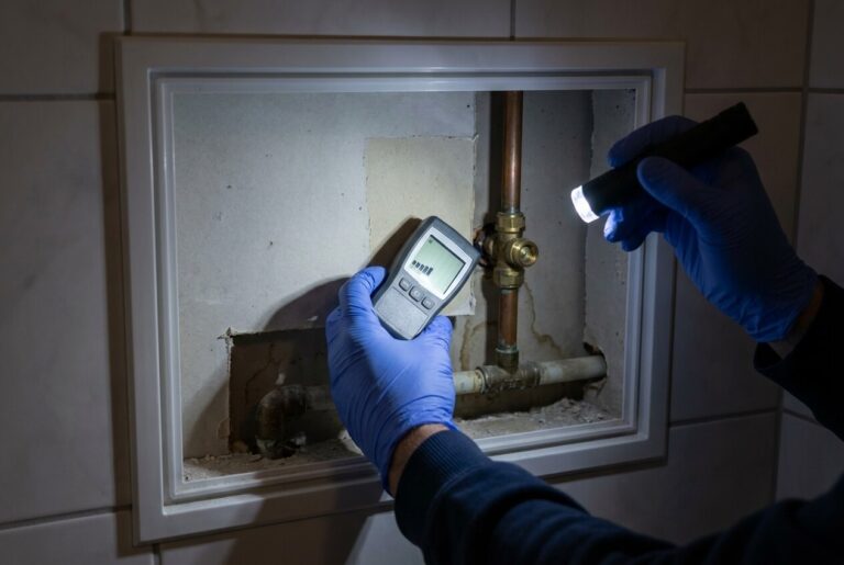Sanitärinstallateur misst Feuchtigkeit und prüft eine Wasserleitung